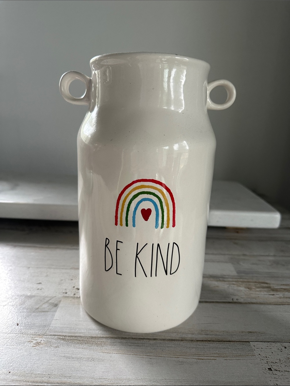 Rae Dunn “Be Kind" 9.5" Handle Milk Jug Vase - Rainbow & Heart Decal
